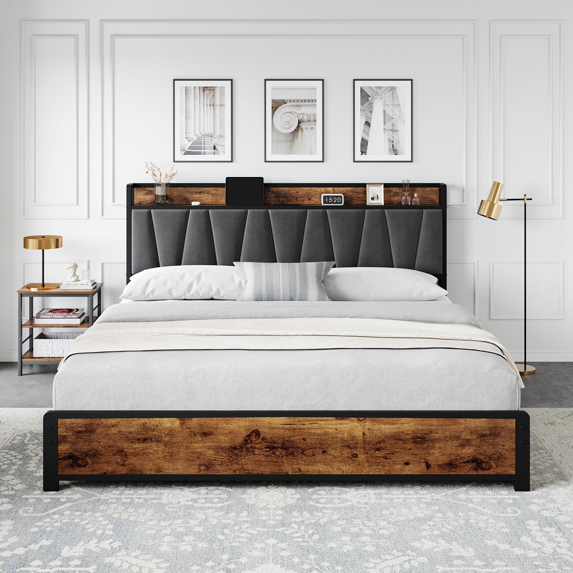 Platform Bed Frame with Storage and Charging Station​ - Vintage Brown Upholstered Bed with 4 Drawers. Quiet Heavy-Duty Metal Frame. king size