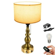FSLiving Vintage Brass Linen Table Lamp, Cordless Battery Operated with Remote Dimming, Classic Style Warm Light for Bedroom, End Table, Living Room