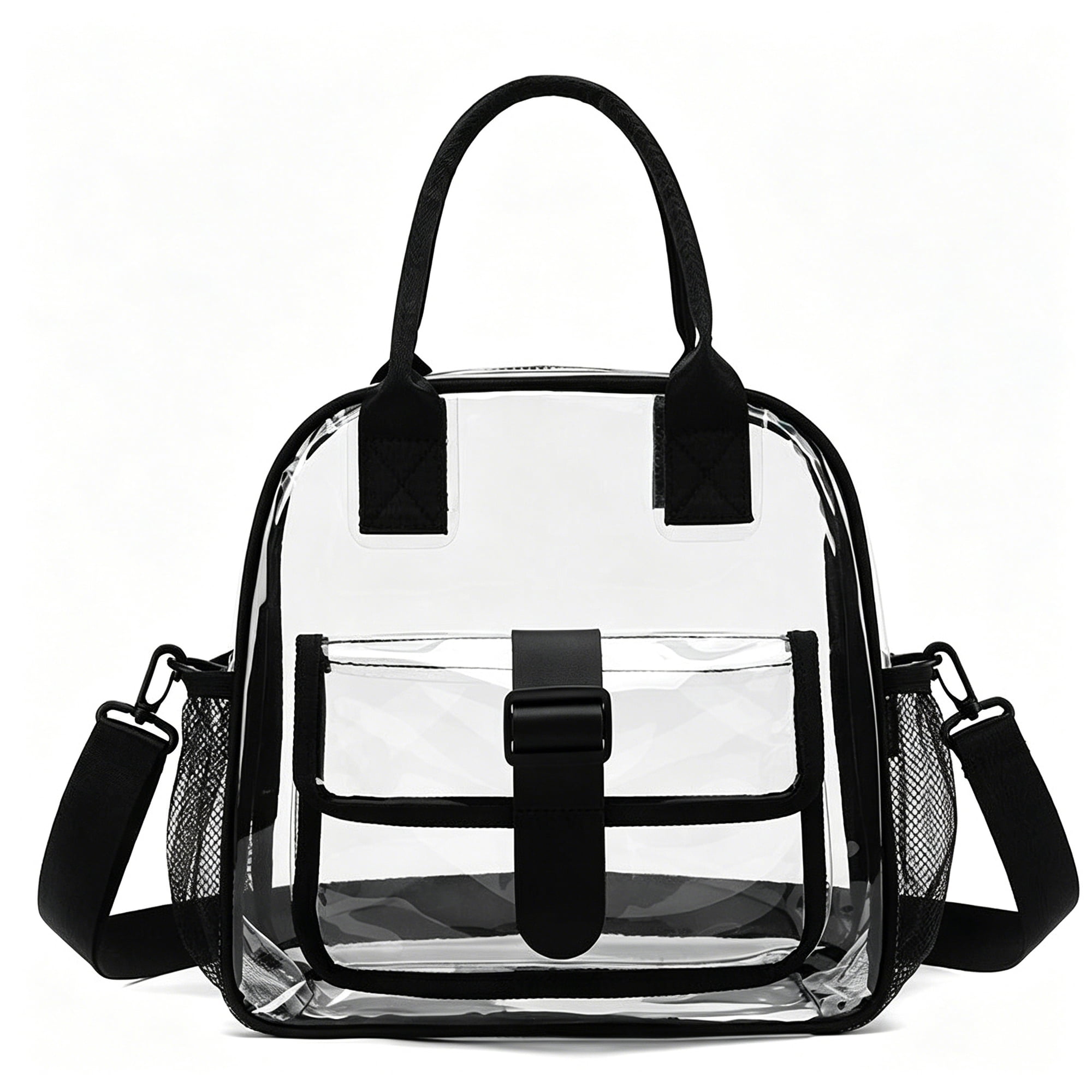 LQIQIZ Clear Bag for Stadium Events, 11.4"×6"×11.4" Transparent PVC Concert Bag with Adjustable Shoulder Strap, See-Through Cross-Body Travel Tote for Sports, Festivals, Work, Black