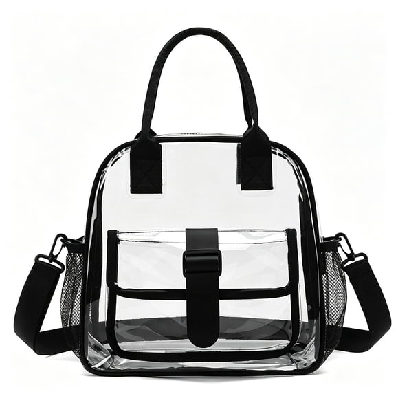 LQIQIZ Clear Bag for Stadium Events, 11.4"×6"×11.4" Transparent PVC Concert Bag with Adjustable Shoulder Strap, See-Through Cross-Body Travel Tote for Sports, Festivals, Work, Black