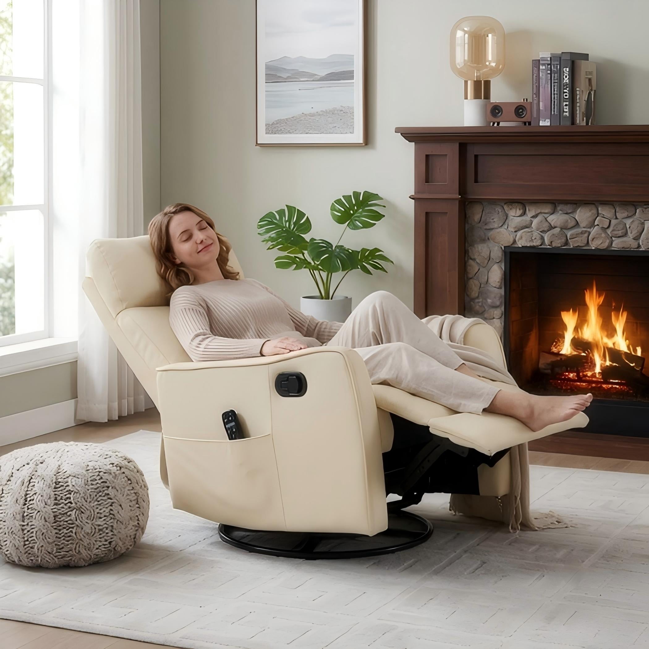 Aukfa Massage Recliner Chair with Heat, Faux Leather 360° Swivel Rocker Recliner, Overstuffed Manual Reclining Glider Chair with Vibration, Beige