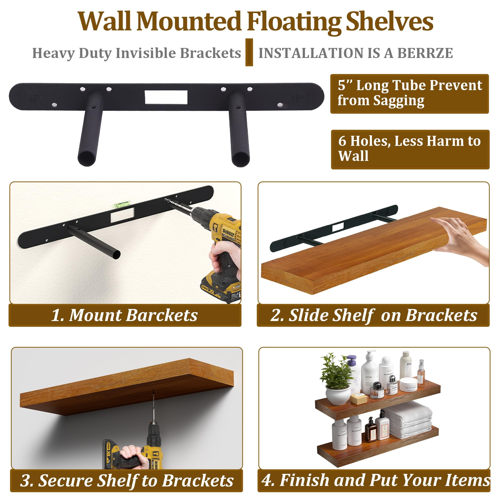 Floating Shelves for Wall Set of 3-Rustic Brown Solid Wood Wall Mounted Shelves,16" Long x 7" Deep x 1.6" Thick,Heavy Duty Shelving for Bedroom, Living Room, Kitchen, Bathroom (16inch)