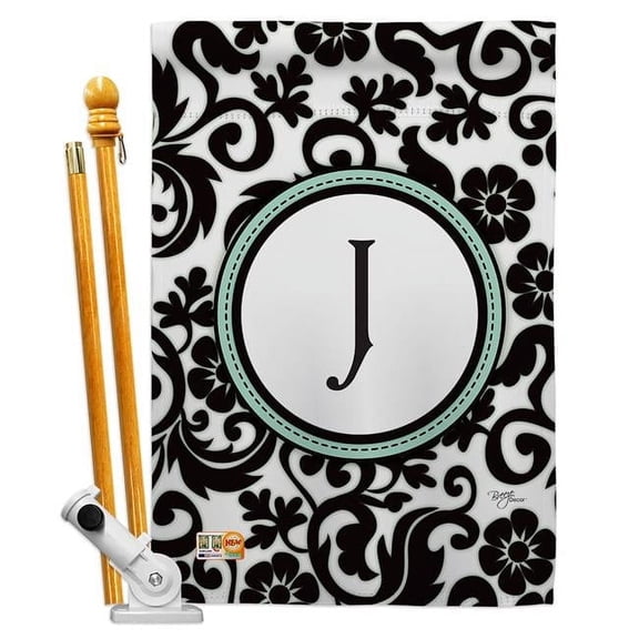 Breeze Decor BD-SB-HS-130062-IP-BO-D-US09-BD 28 x 40 in. Vertical Damask J Initial Interests Simply Beauty Impressions Decorative Double Sided House Flag Set with Pole & Bracket Hardware