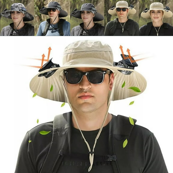 Sun Hat with Solar Powered Fan, HOMEYA Summer UV Protection Wide Brim Caps Fishing Hat with Two Solar Fans, Khaki