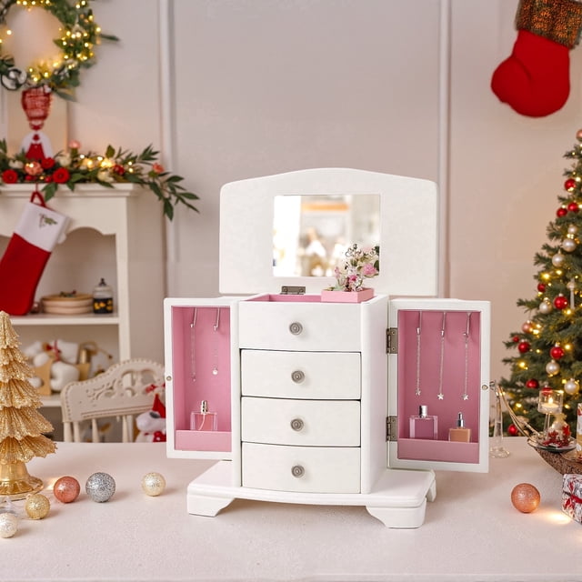 Stufurhome Organizador de Joyero de Madera Blanco con Espejo, Cofre de Joyas de 5 Cajones para Anillos, Aretes y Collares
