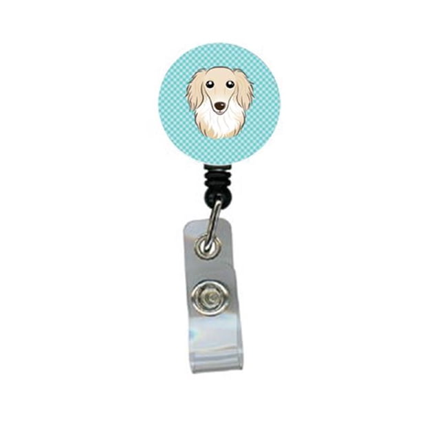 Checkerboard Blue Longhair Creme Dachshund Retractable Badge Reel