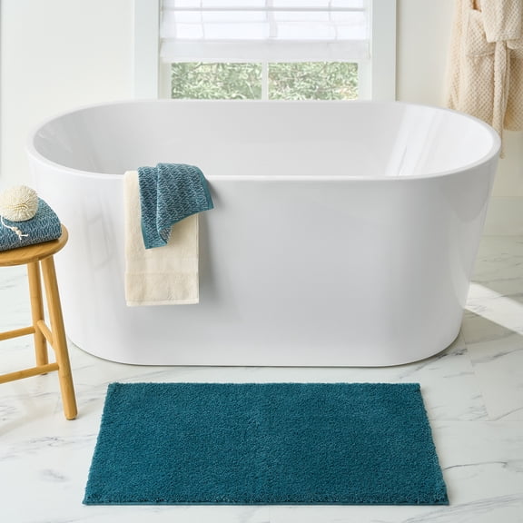 Better Homes & Gardens Ultra Soft Polyester Bath Rug, Plush Absorbent Bathroom Floor Mat with Skid-Resistant Backing, Machine Washable, 20" x 34", Nimbus Blue