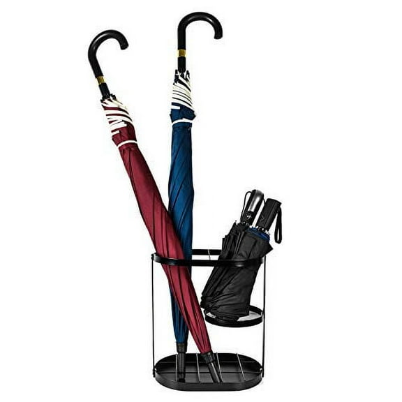 Black Metal Umbrella Stand Rack, Assembled Umbrella Storage Holder, Bucket Shelf Freestanding Entryway Base Drip Tray Long & Short Folding Umbrella For Home Office