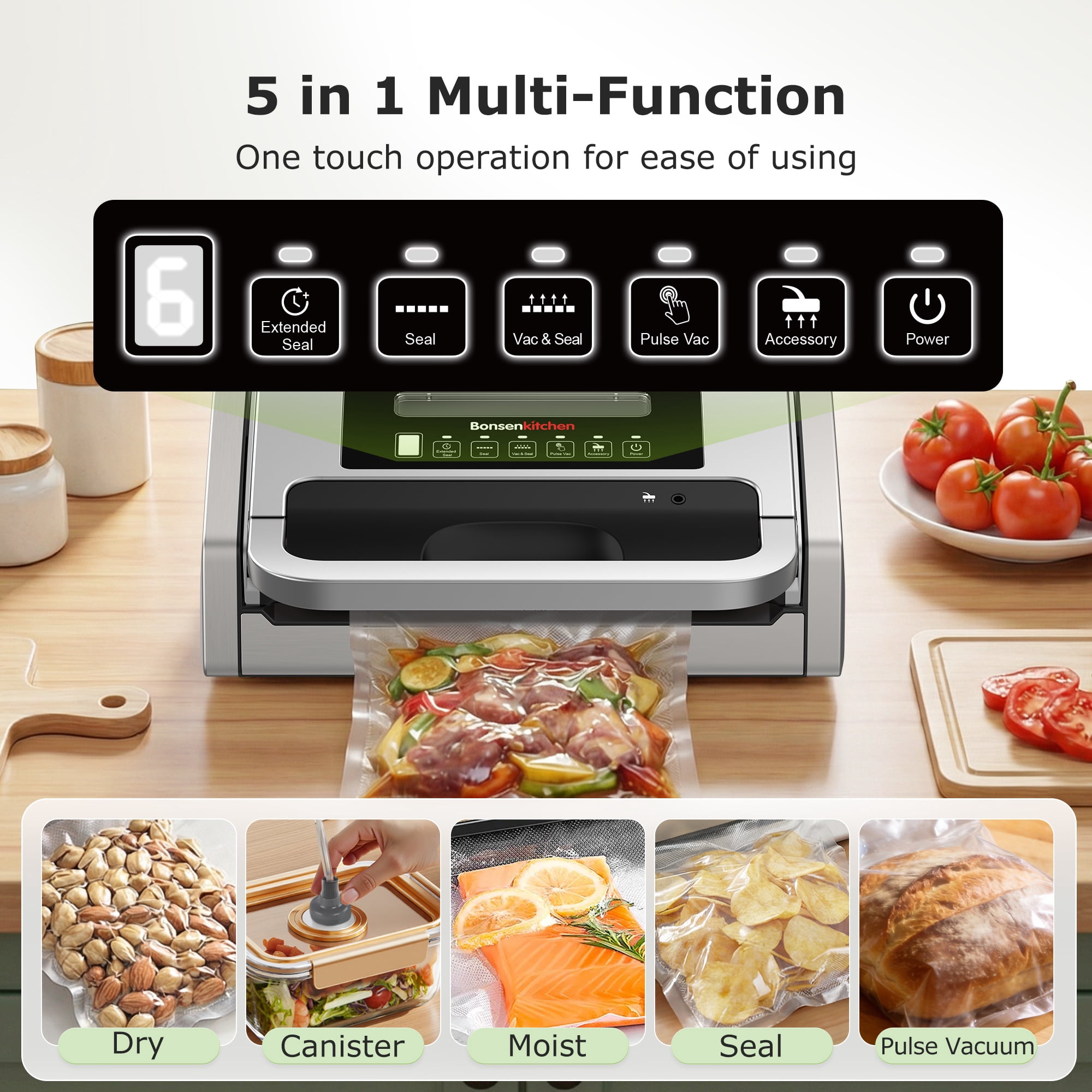 Bonsenkitchen Automatic Vacuum Sealer for Food, 5-in-1 Food Sealer Machine with Bag Rolls & Pre-cut Bags, Includes Jar Suction Hose, 65dB Quiet