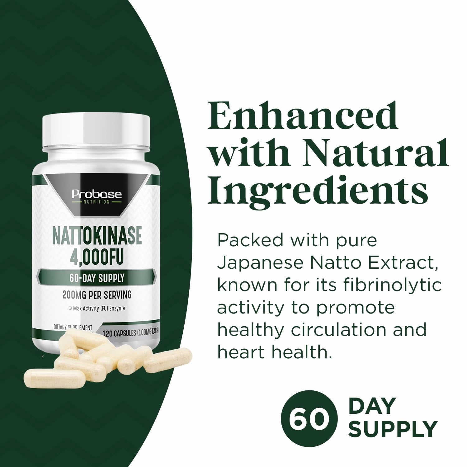 Probase Nutrition Nattokinase Supplement 4,000 FU Servings, 120 Capsules (Derived from Japanese Natto) Systemic Enzymes for Cardiovascular and Circulatory Support