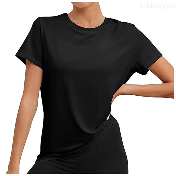 Lixiuxyad Workout Tops For Women UPF50 Breathable Loose Fit Yoga T Shirts Short Sleeve Running Gym Athletic Tee Top Trendy Casual,Black L