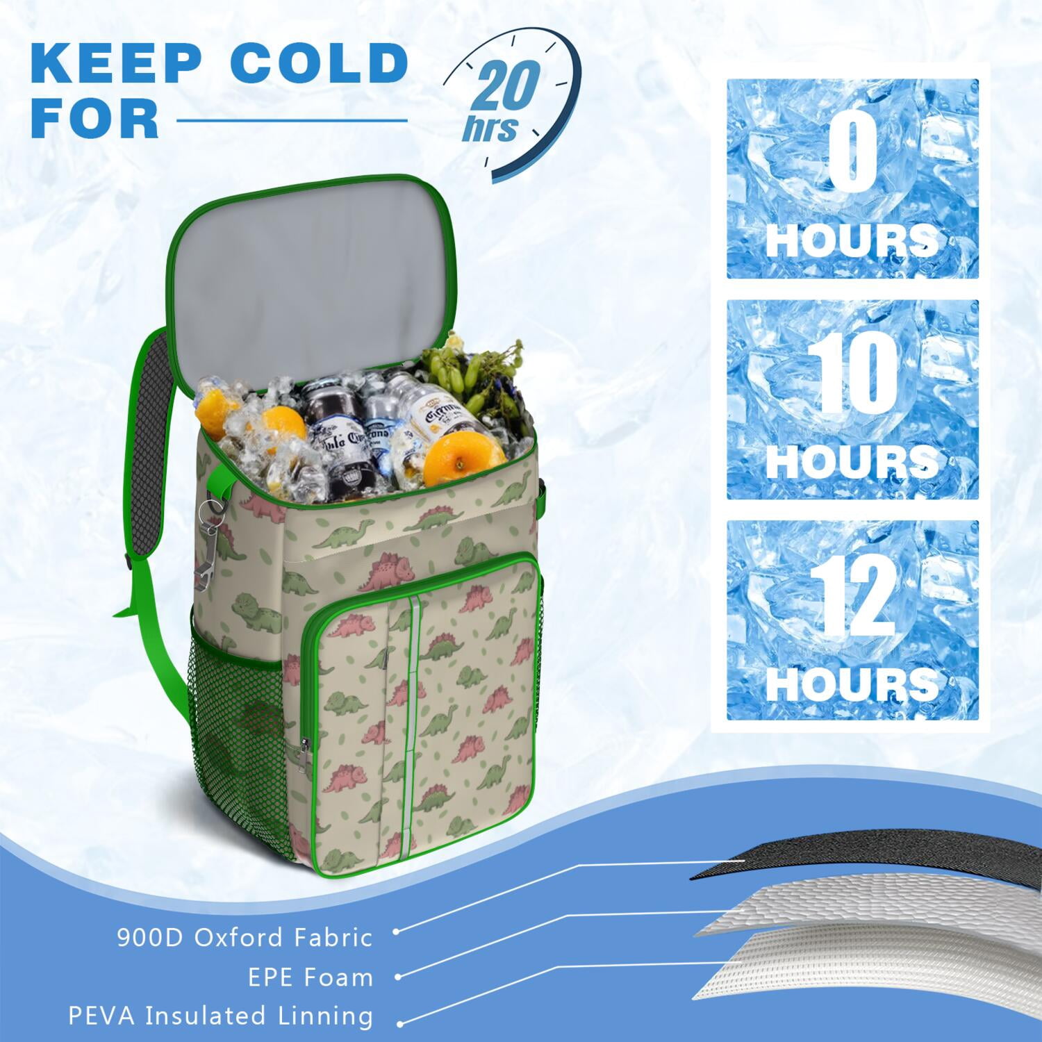 Travel Cooler Bag - Green and Pink Dinosaur Pattern Camping Beer Cooler Backpack with Bottle Opener- Waterproof Insulated Picnic Backpacks - Cooler Bag for Beach