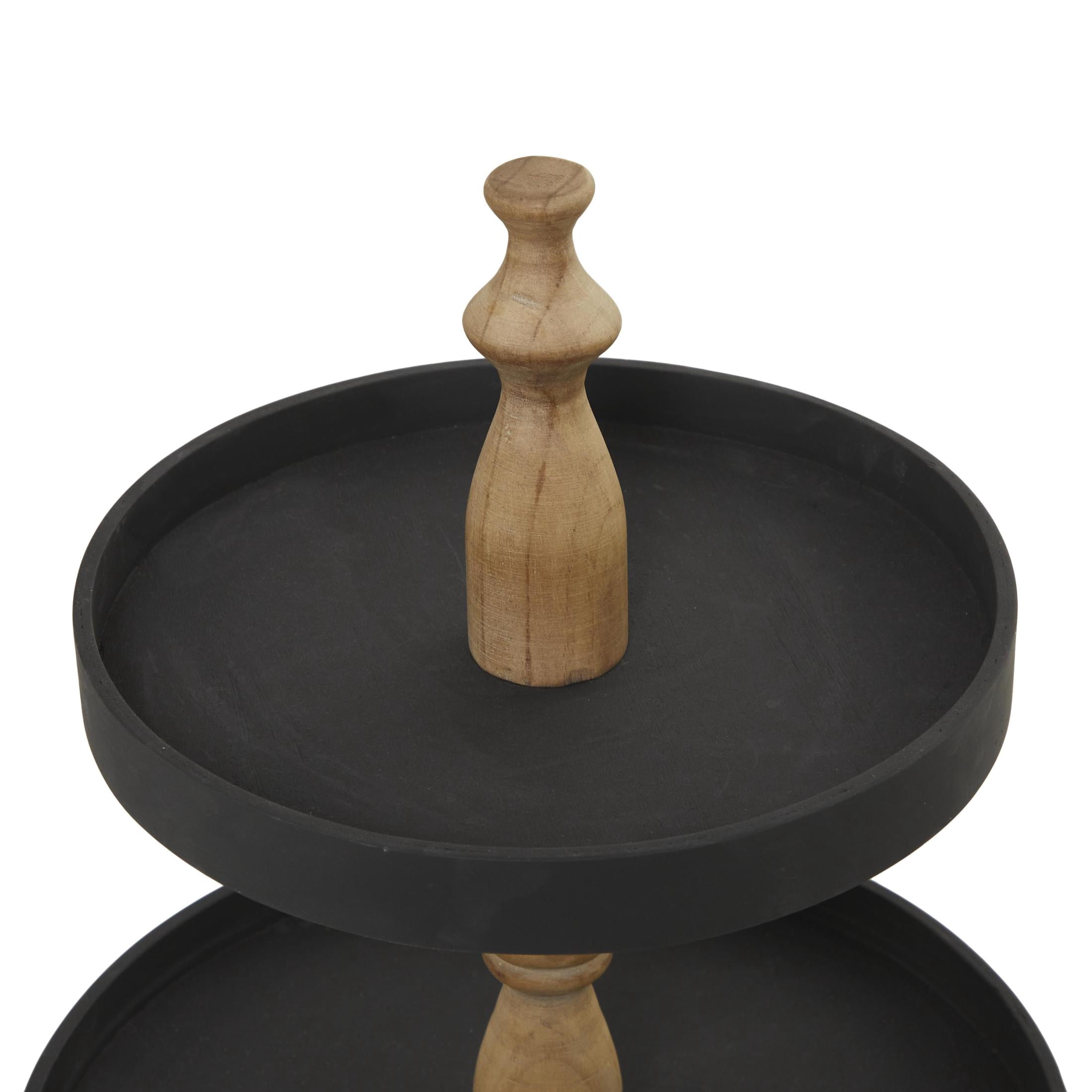 DecMode 16" x 24" Black Wood 3 Tiered Server with Brown Post, 1-Piece
