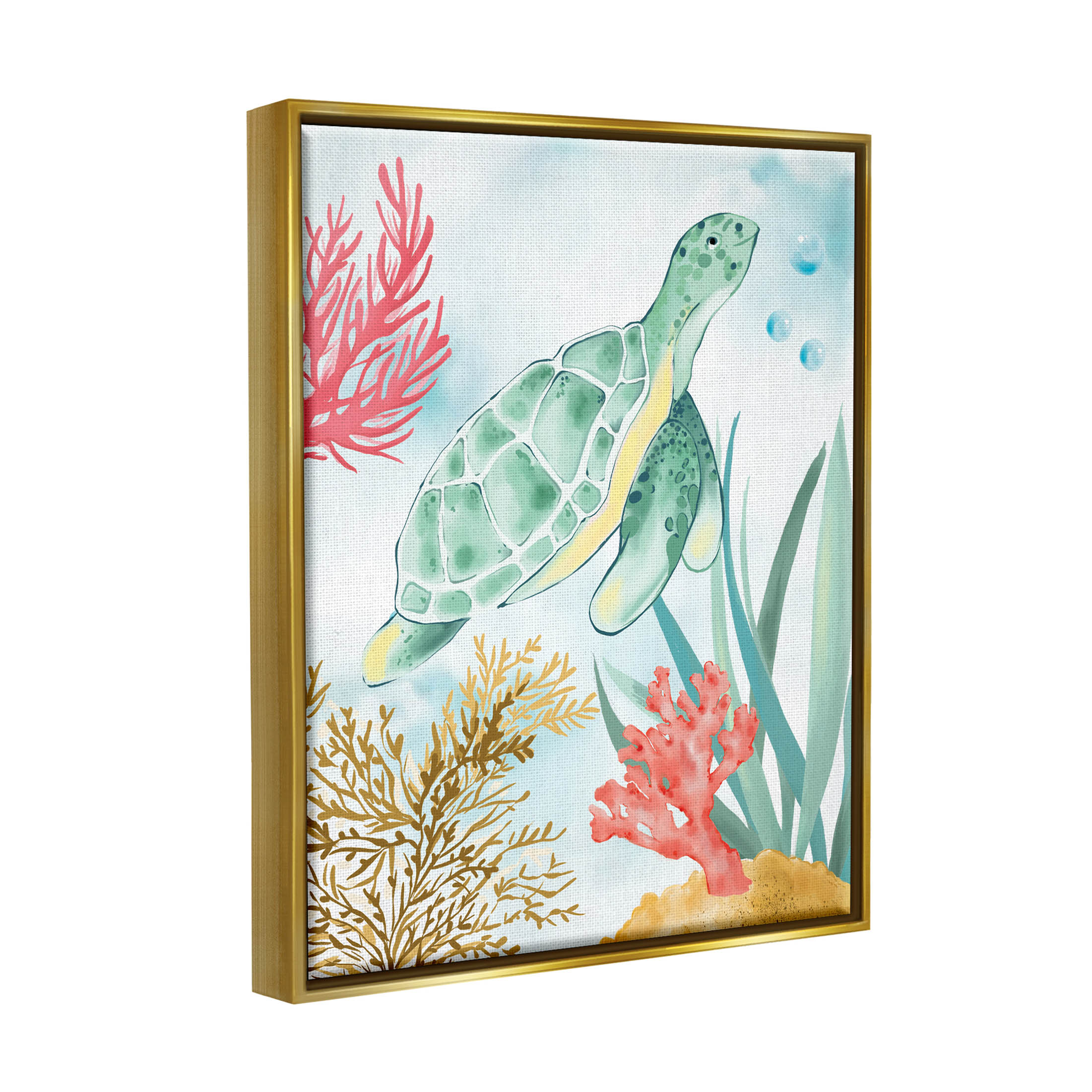 Stupell Industries Turtle Coral Reef Bubbles Graphic Art Metallic Gold Floating Framed Canvas Print Wall Art, Design by House of Rose