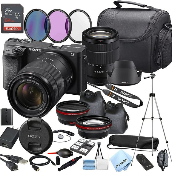 Sony Alpha a6400 Mirrorless Digital Camera with 18-135mm Lens  64GB Memory   Lenses, Filters, Case,Tripod, and More30pc Bundle