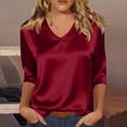 thumbnail image 2 of 3/4 Sleeve V Neck Women's Blouses Silk Satin Casual Dressy Tops Loose Fit Lightweight Soft Breathable Business Work Shirts, #02 Red, XXL, 2 of 7