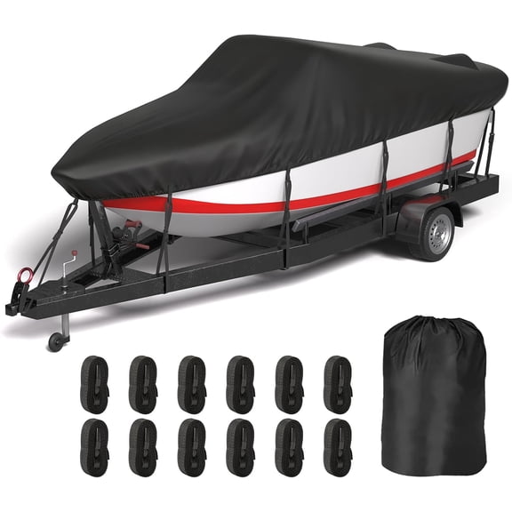 16-18.5ft Boat Cover, 600D Oxford Anti-UV & Waterproof Boat Cover for V-Hull, Tri-Hull, Runabout, Fishing Boat with 12 Tie-Down Straps, Storage Bag, Black