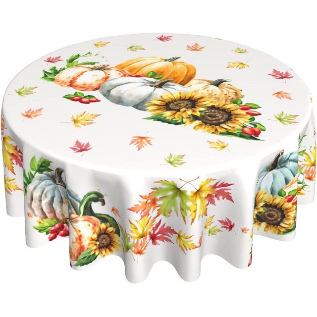 Thanksgiving Round Fall Tablecloth 60 Inch Autumn Harvest Watercolor Pumpkin Sunflower Maple Leaf Print Decorative Polyester Table Cloth Holiday Decor for Home Kitchen Dining Room Party Picnic