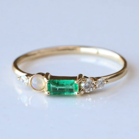 925 Sterling Silver Ring, Opal Bazal Set Band Ring, Baguette Emerald Handmade Finger Ring, Stackable Diamond Band Jewelry Ring, Gift For Har.