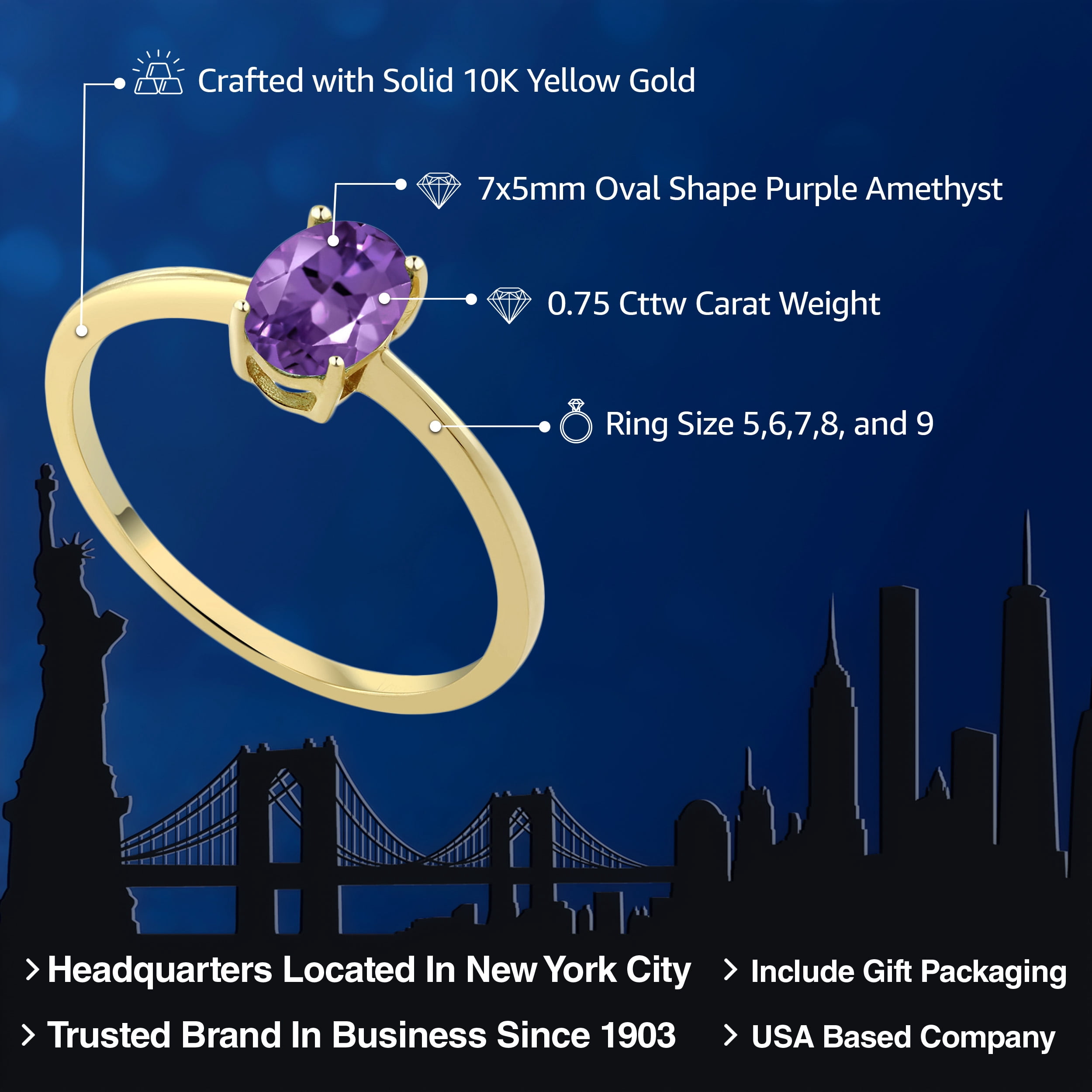 Gem Stone King 10K Yellow Gold Purple Amethyst Solitaire Engagement Ring | 0.75 Cttw | Oval 7X5MM | Gemstone Birthstone, | Wedding Anniversary Promise Gold Ring for Women