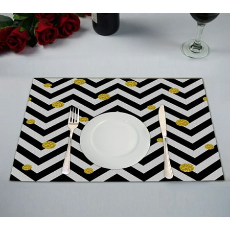 

ECZJNT Trendy glittering gold polka dotchevron black white Placemat Table Mat Cup Mat 12x18 inch Set of 2