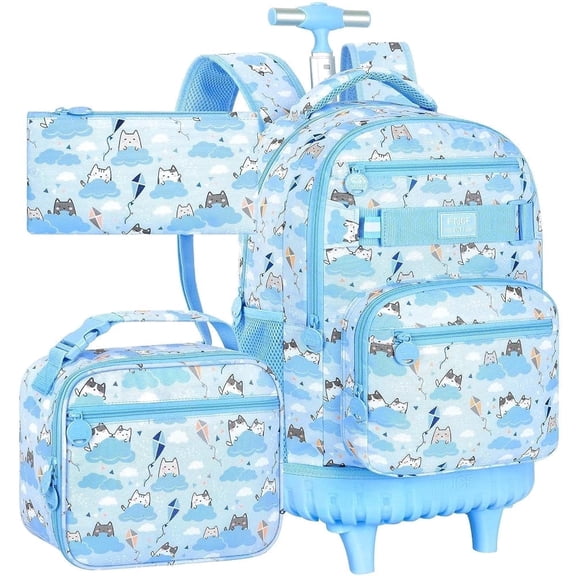 3PCS Rolling Backpack for Girls, Women Blue Cloudy Cat Backpacks with Wheels,Water-Resistant Travel Roller Wheeled Bookbag