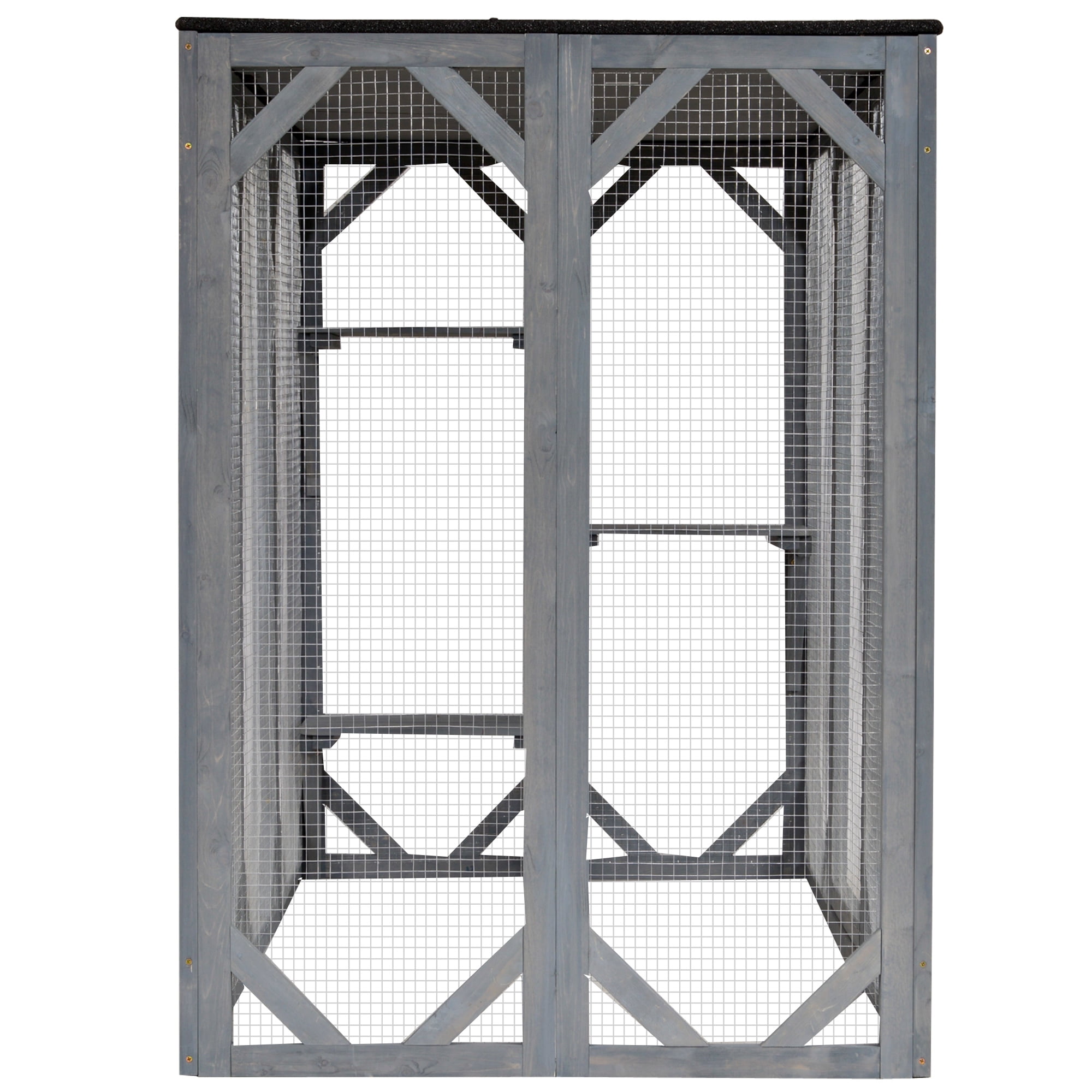 PawHut Outdoor Cat House, Catio Wooden Feral Cat Shelter, Cat Cage with Platforms, Large Enter Door, Weather Protection Asphalt Roof, 71" L, Gray