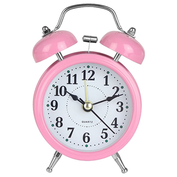 Bearachild Reloj despertador Retro con campana doble, reloj analógico de Metal silencioso con luz nocturna para de escritorio para el hogar, Electrónica Rosado