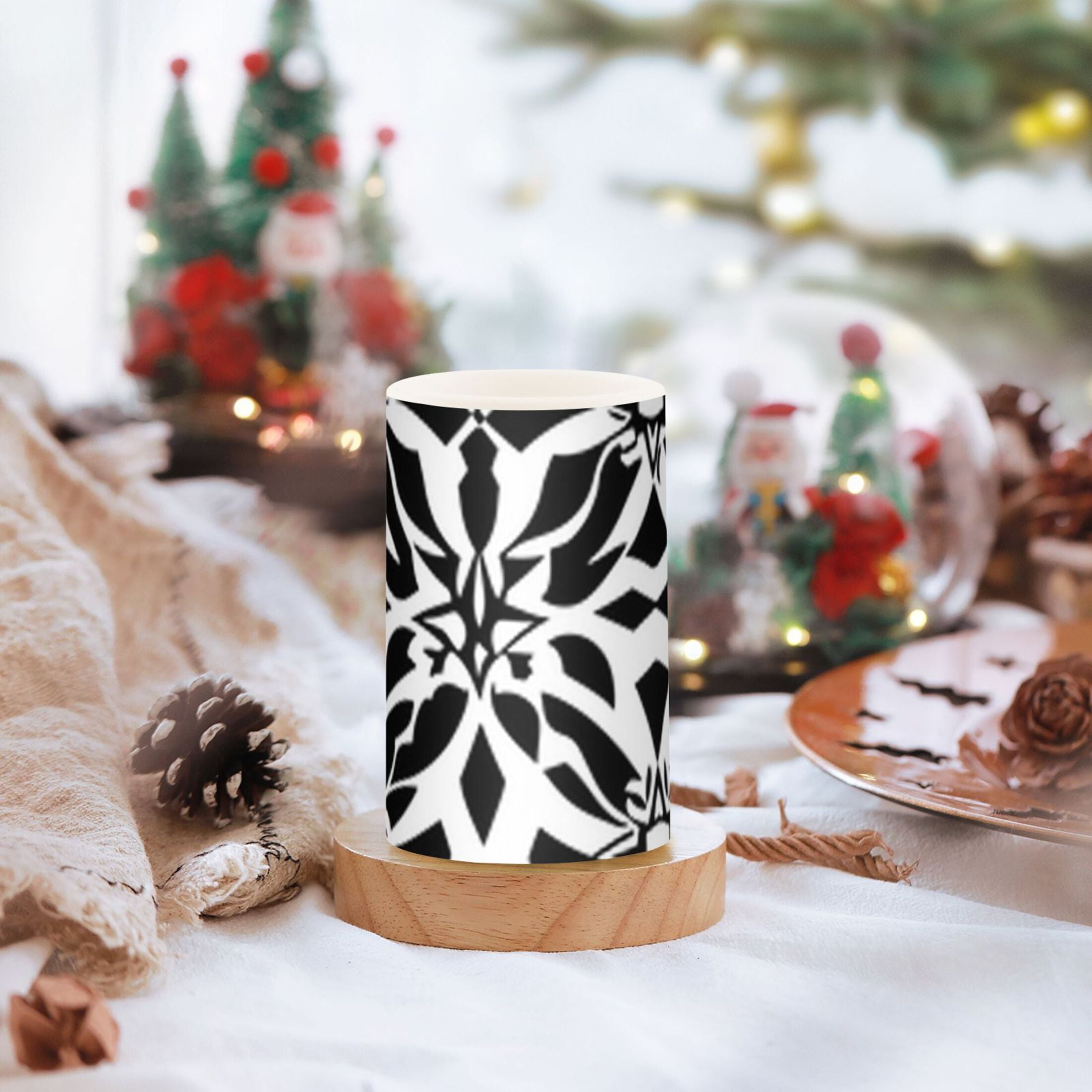Black and White Art Pattern Flickering Flameless Candles Battery Operated with Remote Timer LED Pillar Candles Set of 2