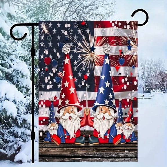 RKSupls Patriotic Linen Double Sided Garden Flag, Independence Day Themed Yard Decor, Gnomes Celebrating Fireworks Outdoor Banner for Holiday Lawn