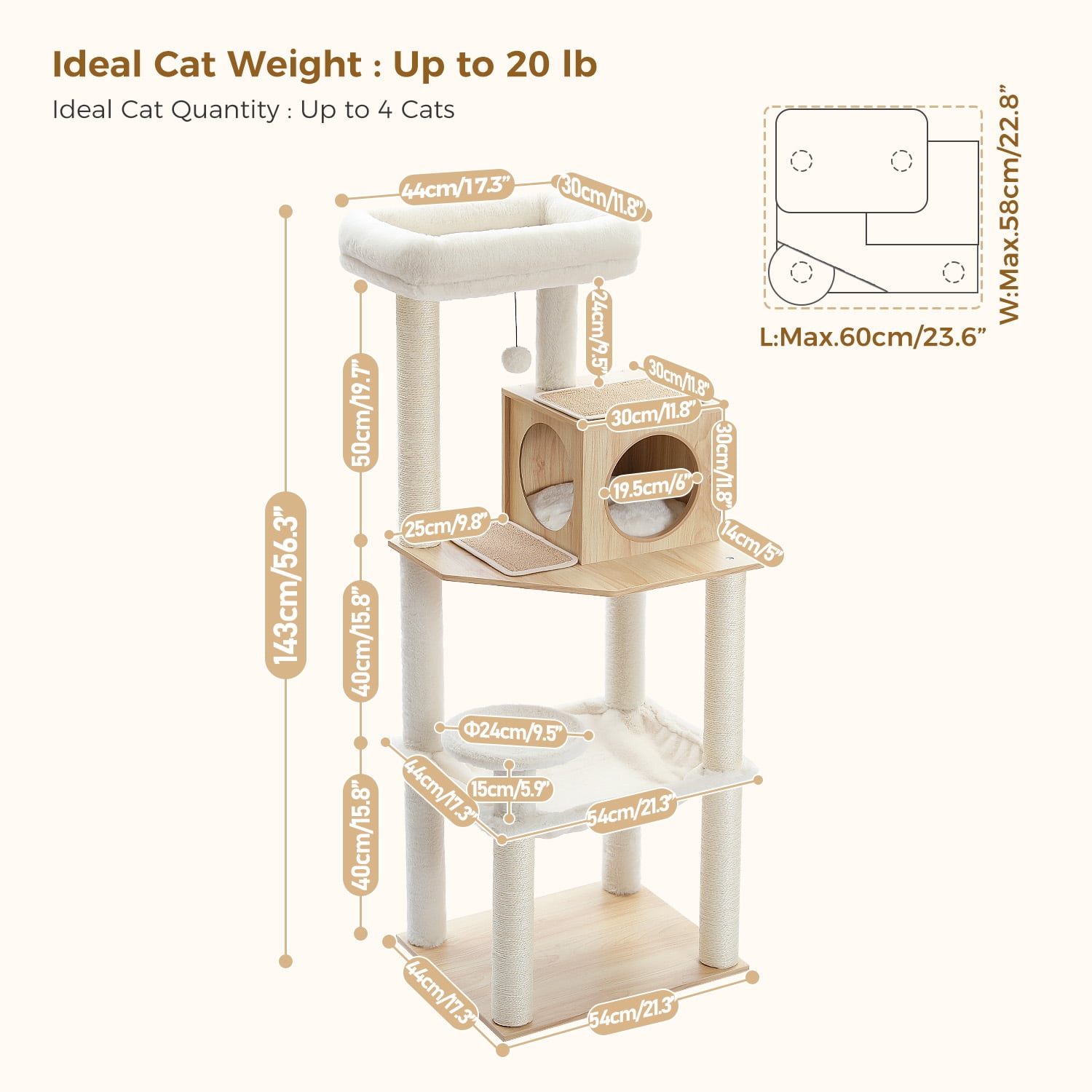 PEQULTI 56.3" Wood Cat Tree for Indoor Cat Cat Tower with Sisal Scratching Post and Large Hammock Beige