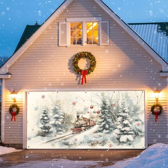 Christmas Garage Door Banner Covers, Train Holly Woods Scene Lights Snowflakes Colorful Large Hanging Indoor/Outdoor Backdrop Background for Christmas Winter Party Decor, 6.9x8 FT