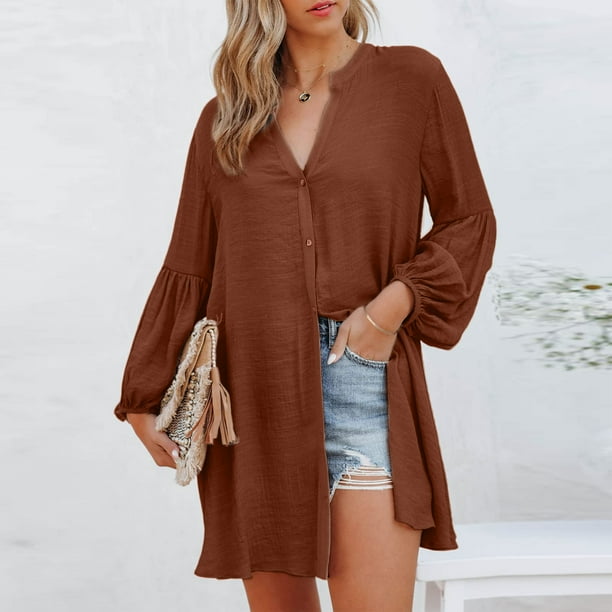 Blusas Casuales Blusas de otono para mujer Blusas largas basicas de estilo bohemio Traje de algodon de un solo pecho Kuymtek Cafe M para Mujer Bodega Aurrera en linea
