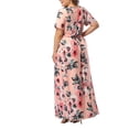 thumbnail image 3 of Women's 3/4 Sleeve Round Neck Gathered Waist Casual Stretched Rose Floral Maxi Dress with Hidden Side Pockets Pink S, 3 of 7