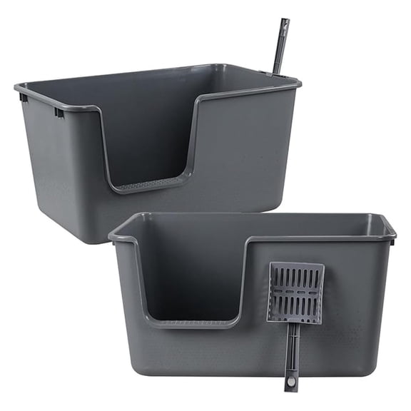 2-Pack Plastic High Sides Cat Litter Box, Open Litter Box with , Grey