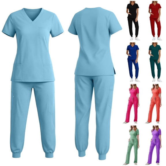 QATAINLAV Womens Scrub Sets Short Sleeve V-Neck Top and Drawstring High Waisted Jogger with Zipper Pocket Workwear Uniform 2 Piece Outfits Dark Gray L