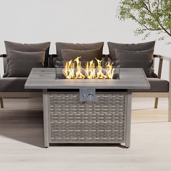 Evita 43'' 50,000 BTU Retangular Outdoor Gas Propan Fire Pit Table in Brown Wicker with Removable Lid and Waterproof Cover