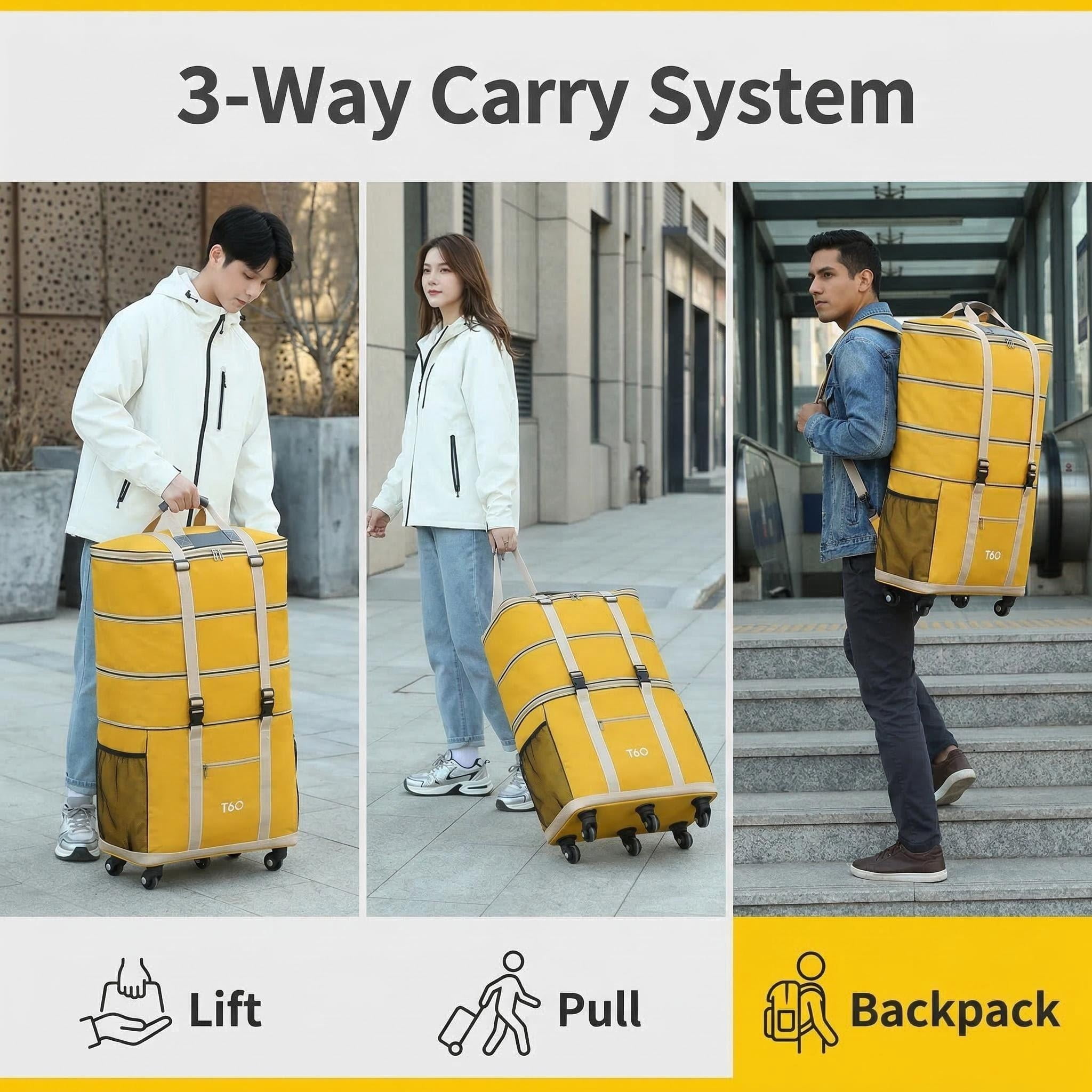 155L Extra Large Rolling Duffel Bag with 5 Spinner Wheels, 4-Level Expandable Checked Luggage, Water-Resistant Foldable Suitcase for Moving, Travel, College Dorm, and Home Storage, Yellow