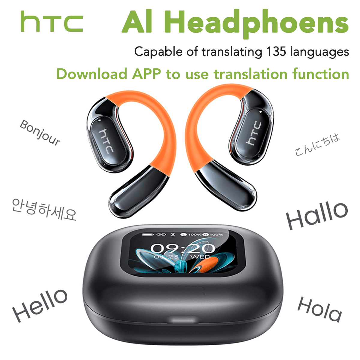 HTC NE27 Wireless Earbuds, AI Translate Earbuds Bluetooth 5.4 Headphones, Translator Earbuds with Mic Smart Screen,48H IP6 Waterproof Sport Headset