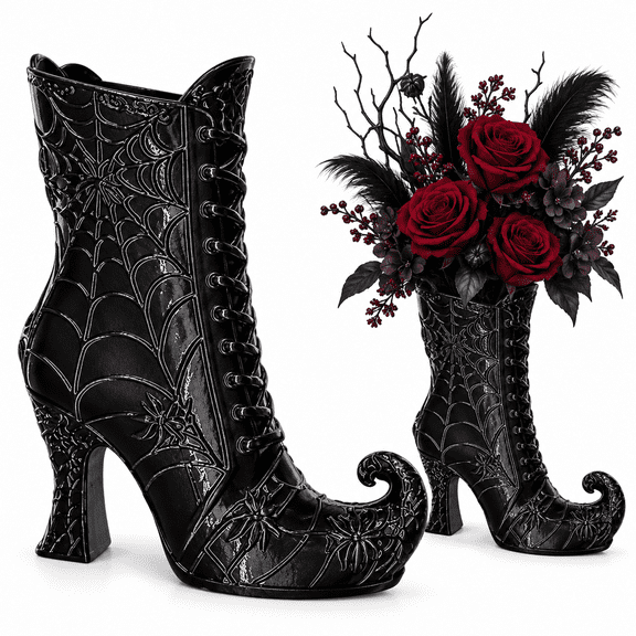 Diceymbol Gothic Witch Boot Vase 9.84 Inch, Black Halloween Vase with Spider Web Design for Halloween Decorations Indoor Table Shelf Mantel Decor