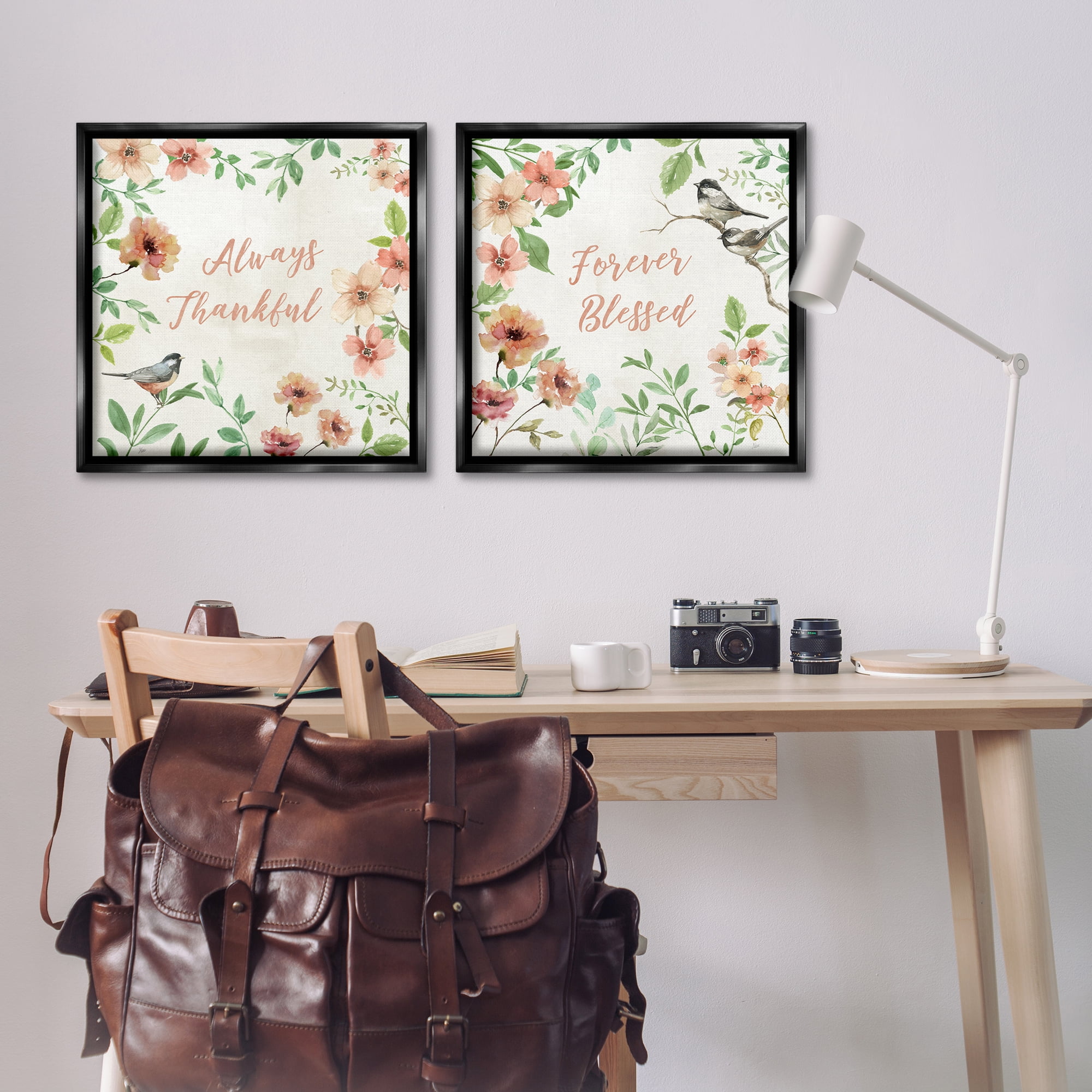 Stupell Industries Always Forever Bird Plants & Flowers Painting Black Floater Framed Canvas Art Print Wall Art, 25 x 25, Set of 2
