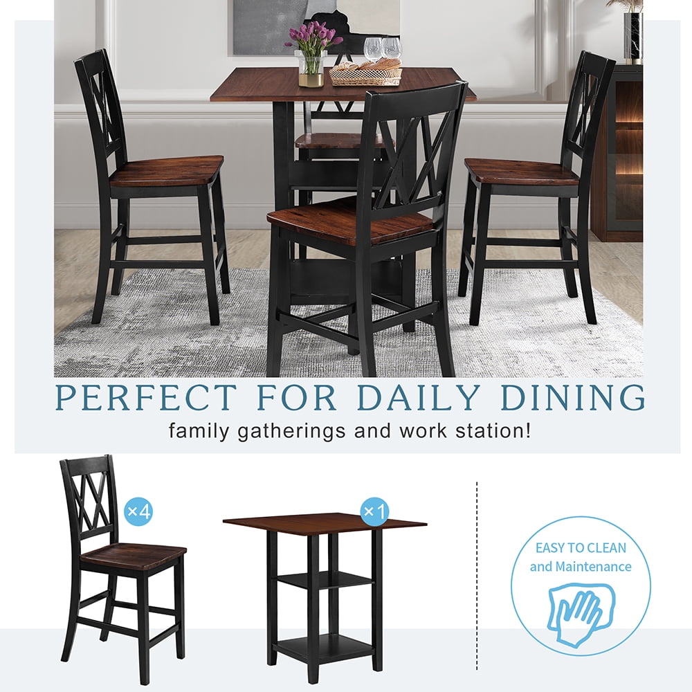 Kepooman 5 Piece Dining Set with Storage Shelves, Black Kepooman 5 Piece Dining Set with Storage Shelves, Black