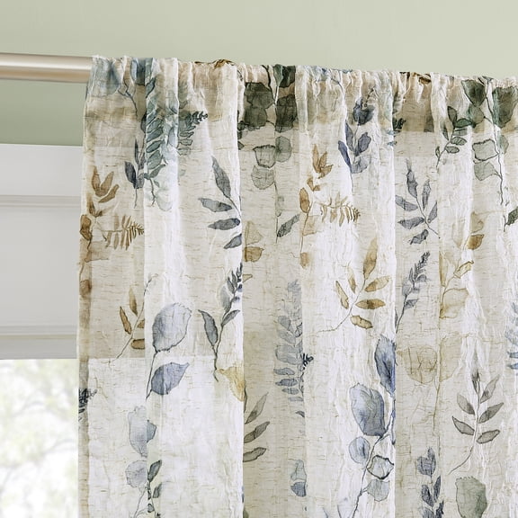 No. 918 Marcella Watercolor Botanical Semi-sheer Rod Pocket Curtain Panel, 48"W x 84"L, Indigo