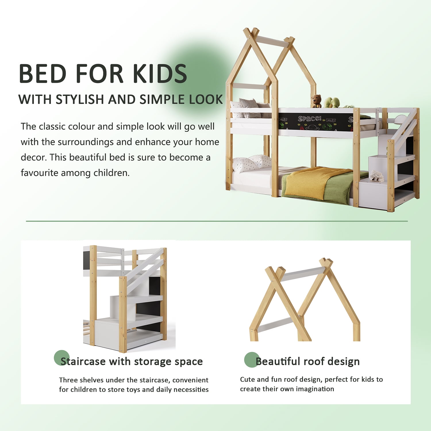 Spaco Bunk Bed Frame with Storage Stairs, House Bunk Bed Twin Over Twin for Boys Girls, Kids, White and Natural Spaco Bunk Bed Frame with Storage Stairs, House Bunk Bed Twin Over Twin for Boys Girls, Kids, White and Natural