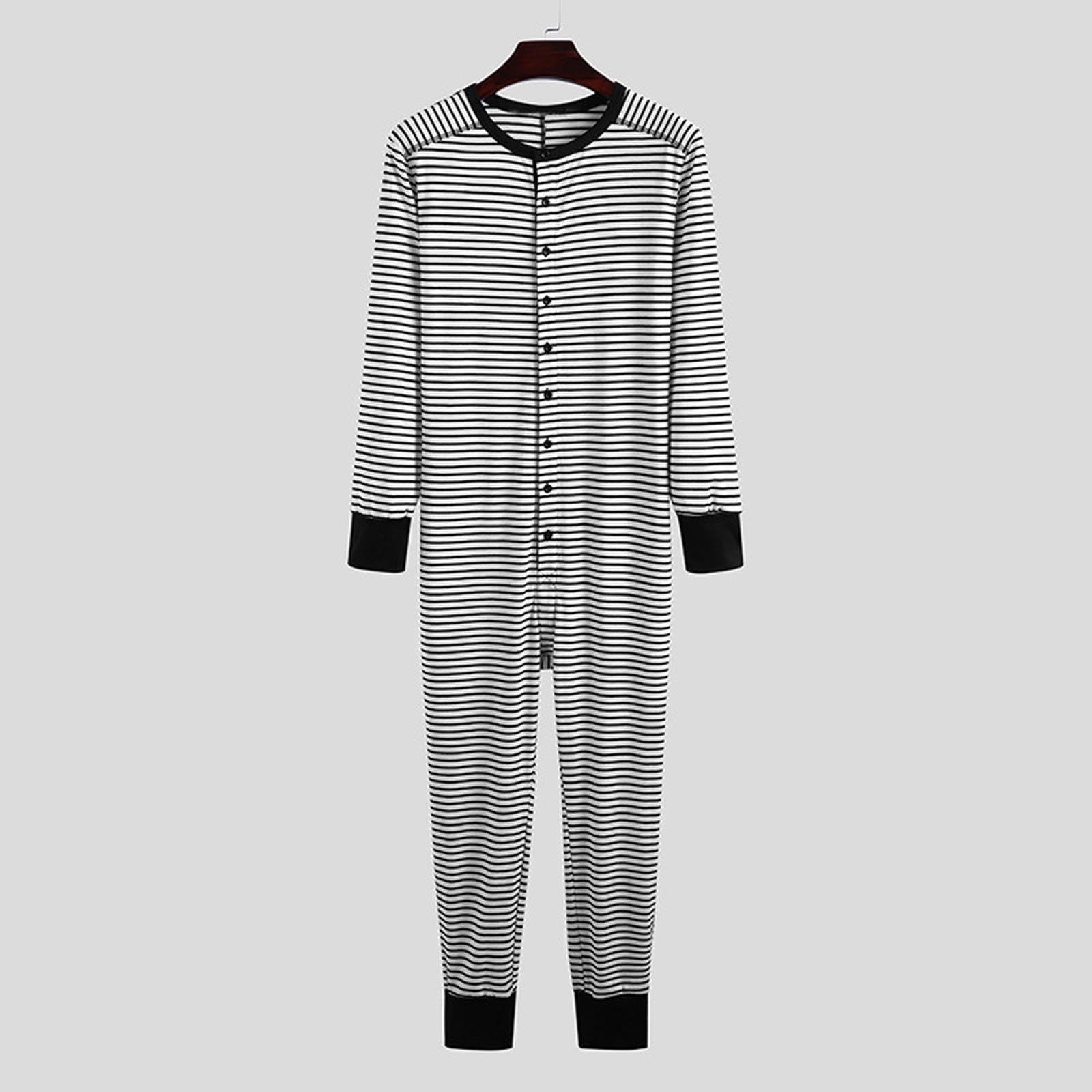 Xysaqa Mens Striped One Piece Pajamas Soft Sleepwear Long Sleeve