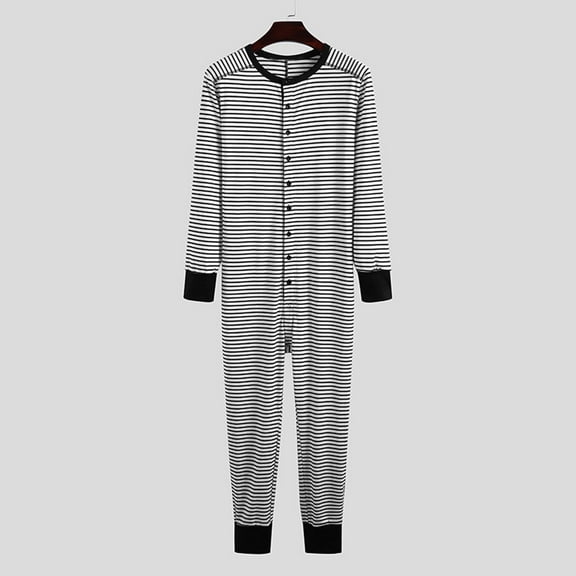 Xysaqa Mens Striped One-Piece Pajamas Soft Sleepwear Long Sleeve Jumpsuit Button-Down Pajama Romper Onesie