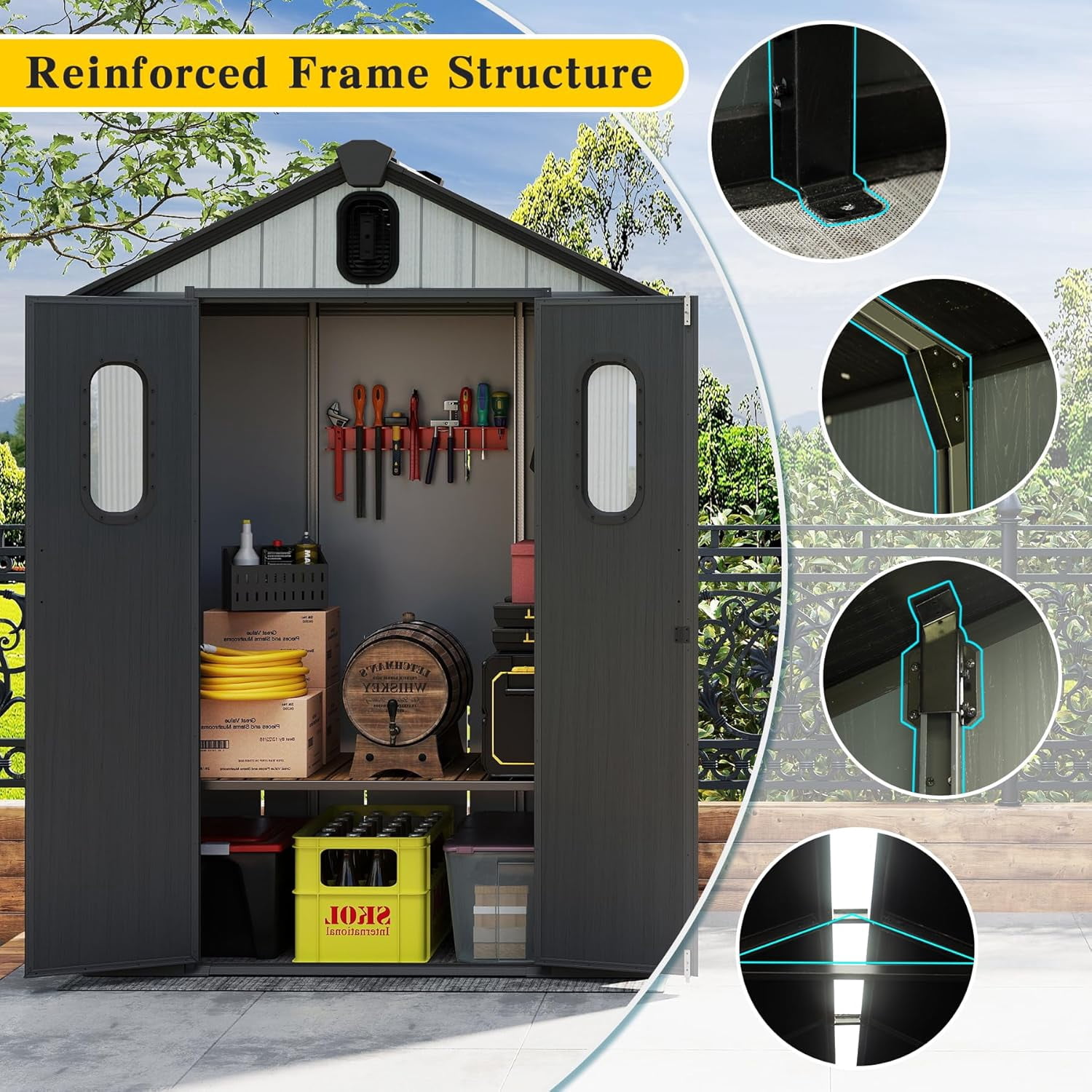 Domi Outdoor Living 5x3 FT Outdoor Resin Storage Shed,Waterproof Plastic Garden Shed with Lockable Doors, Windows & Vents,Large Outdoor Tool Shed for Patio, Lawn Mower, Bikes & Garden