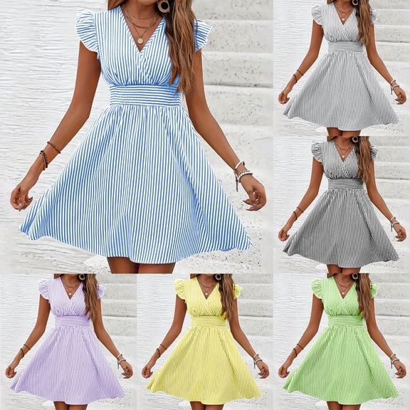 Yourumao Striped Summer Dress for Women Ruffle Sleeve A-line Mini Dresses V Neck High Waisted Short Flowy Dress Afternoon Tea Party Outfits