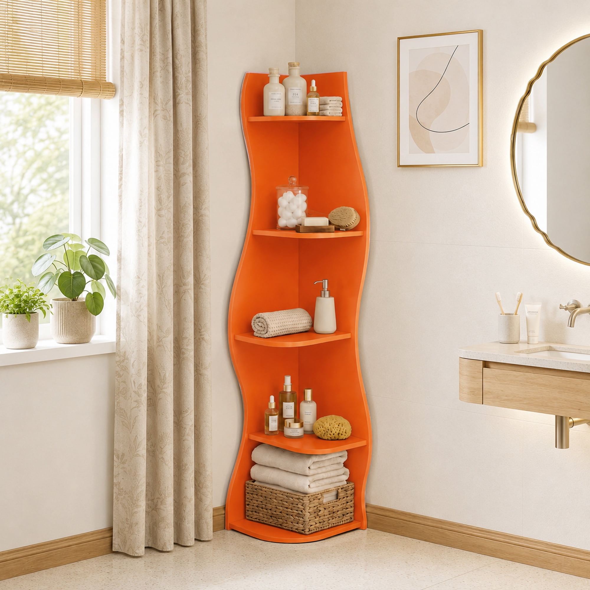 Leumius 5-Tier Bookshelf,Freestanding S-Shaped Corner Shelf Curved Display Rack,Space-Saving Corner Display Bookshelf/Plant Stand for Living Room Home Office,Orange