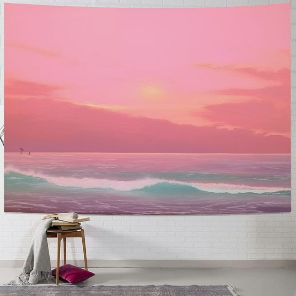 BCIIG Pink Ocean Tapestry Beach Tapestry Pink Sea Sky Moon Tapestries Wall Hanging for Teen Girl Women Bedroom College Dorm Living Room Aesthetic Decoration 40x30inch